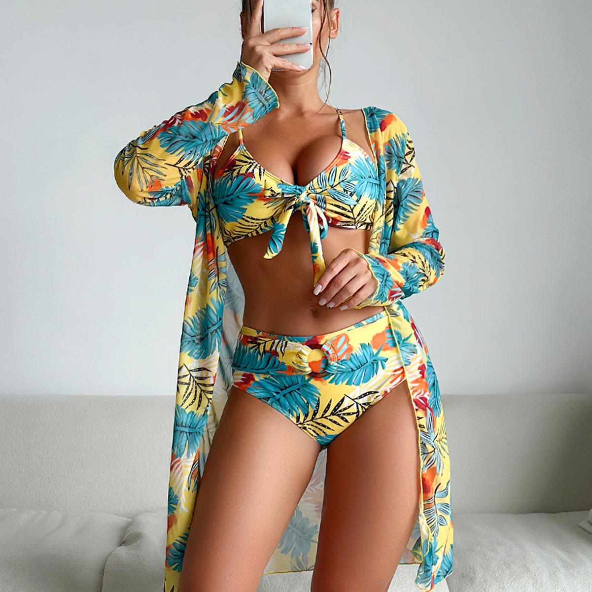 Kimono Sheer Floral - Maiô floral feminino de 3 peças,